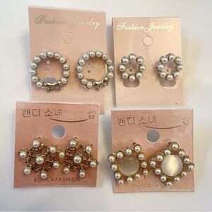 Korean Fashion 4 Pairs Silver Pearl Trim/Moonstones Stud Earrings Brea Fashion